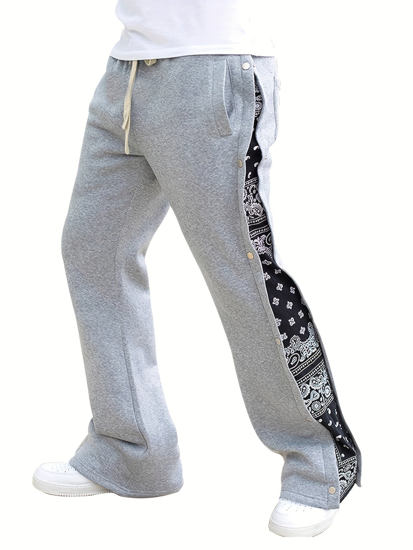 Men's Paisley Pattern Loose Fit Wide Leg Drawstring Sweatpants With Button Detail, Street Fashion Bottoms For Male