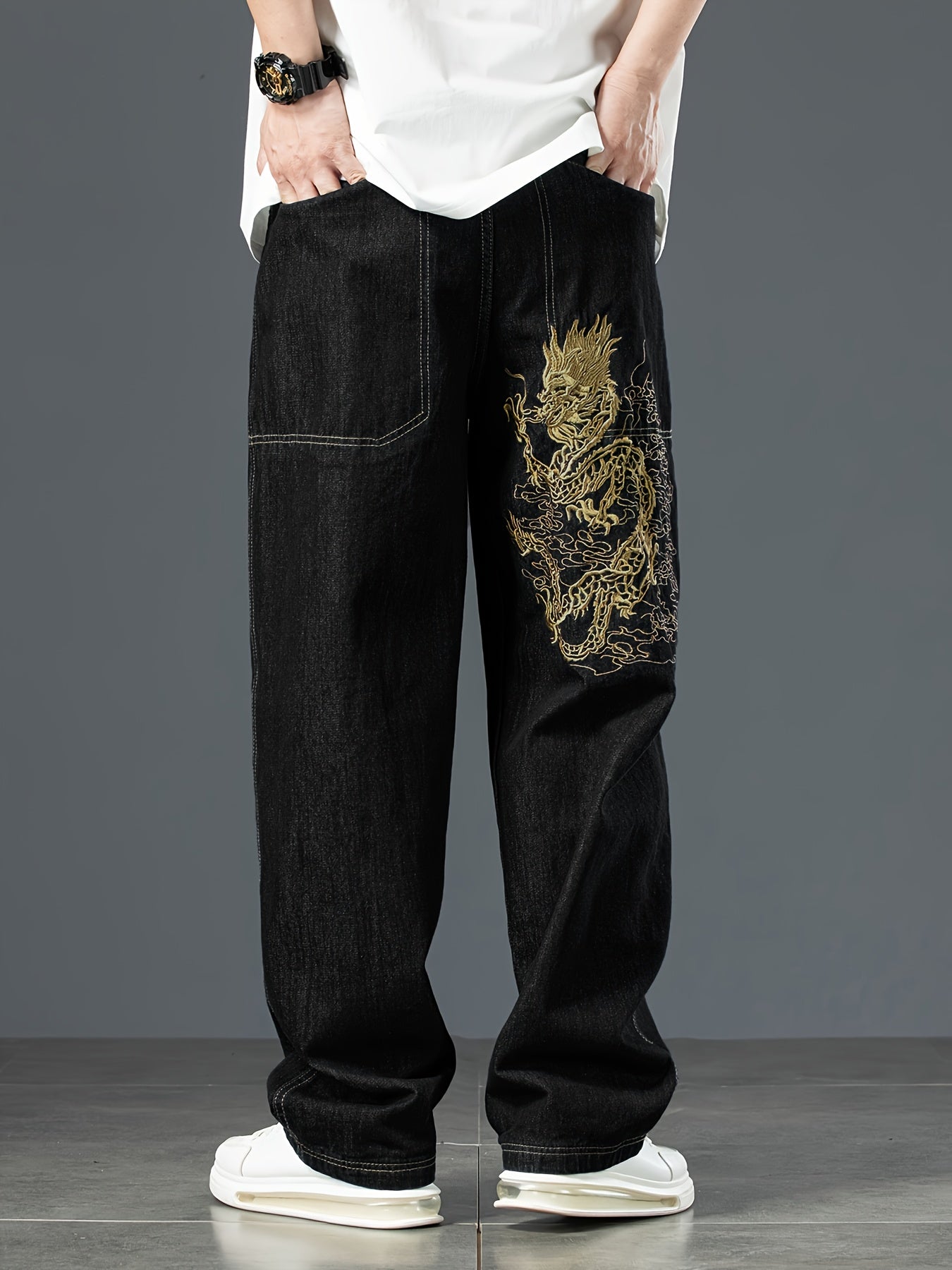 Dragon Pattern Embroidered Cotton Blend Wide Leg Jeans For Men, Chic Street Style Loose Fit Bottoms For Men, All Seasons, Fluid Pants