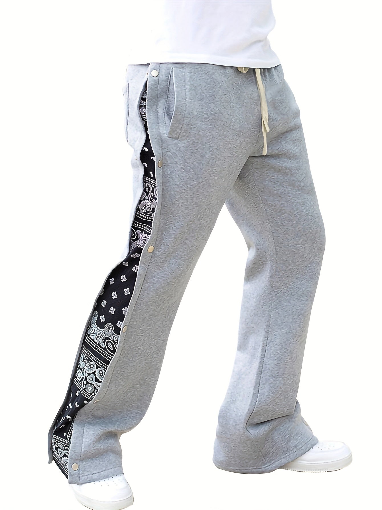 Men's Paisley Pattern Loose Fit Wide Leg Drawstring Sweatpants With Button Detail, Street Fashion Bottoms For Male