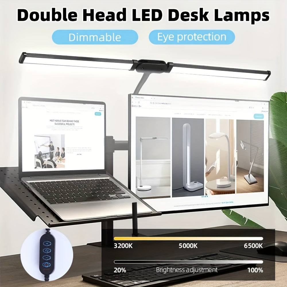 Double Head Clip-on LED Desk Lamp - 3 Modes, 10 Levels Of Brightness, Adjustable Angle, USB Adapter. Suitable For Reading, Studying, Piano, Monitors, Office.