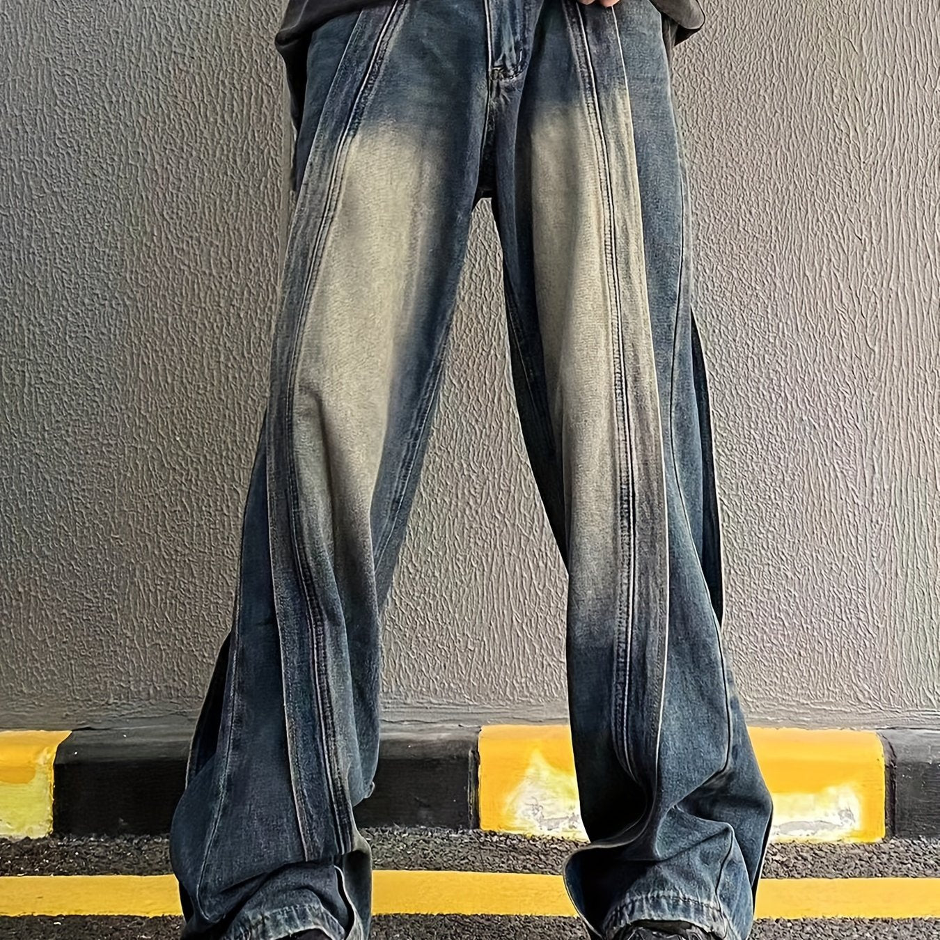 American Street Spliced Jeans Men's Loose High Street Wide Leg Sagging Straight Leg Pants