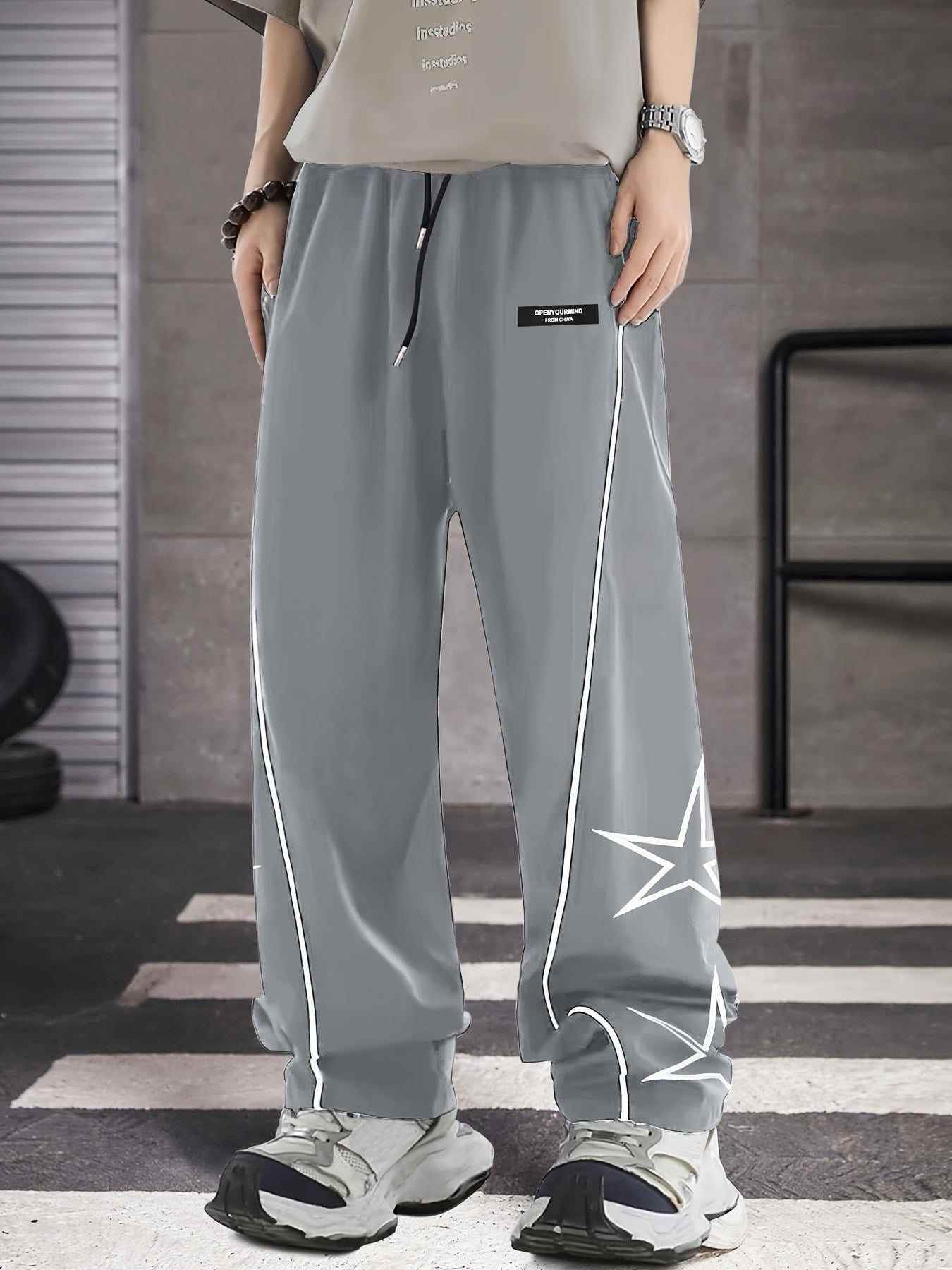 Men's Loose Star Embroidery Graphic Print Striped Track Pants With Pockets, Casual Drawstring Pants For Outdoor Activities Gift