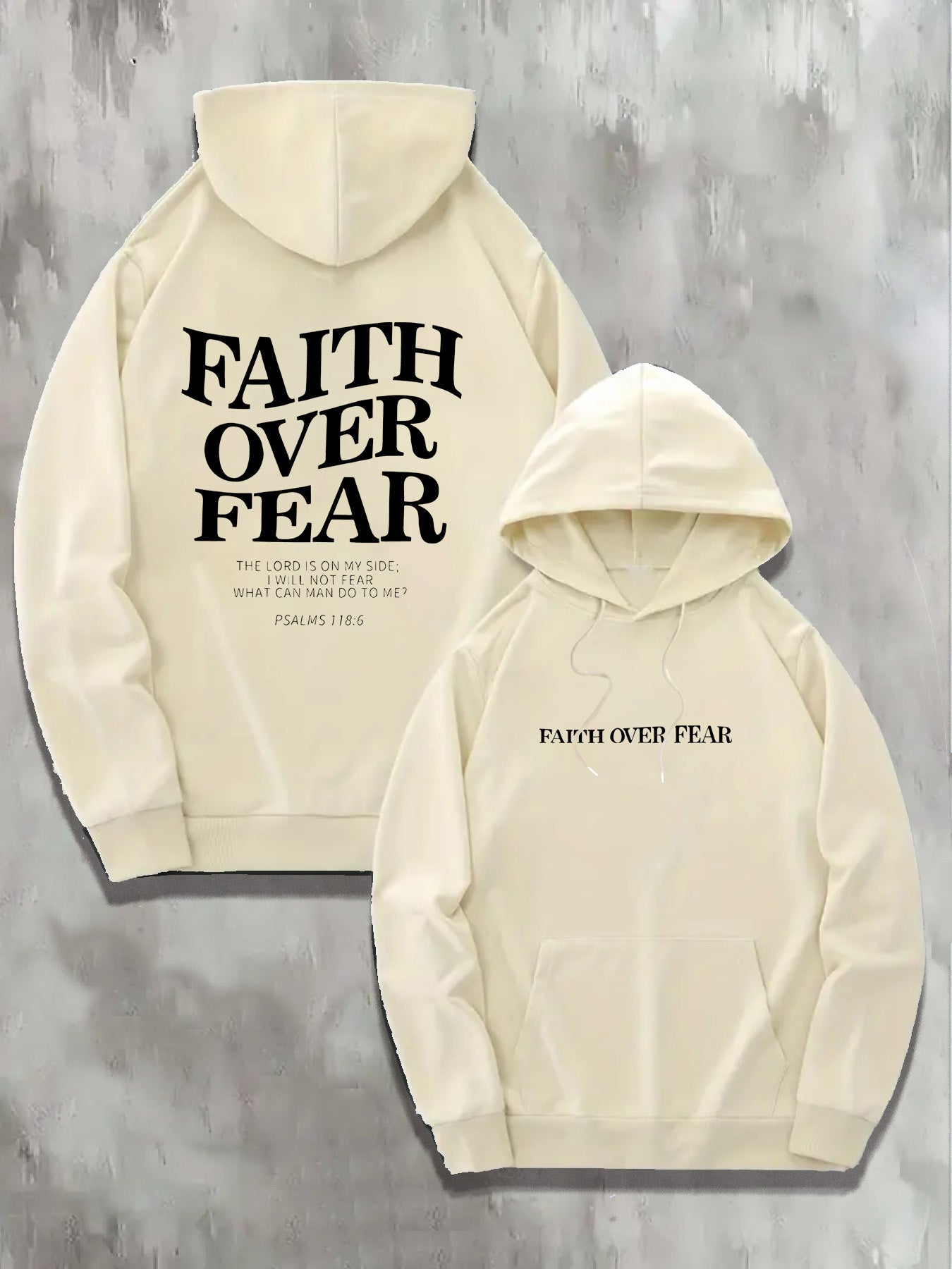 1pc KOURRTER Men'S Casual Polyester Hoodie with "Faith Over Fear" Print, Geometric Pattern, Slight Stretch Knit Fabric, Regular Fit, Hooded Collar, with Pocket - Fall/Winter Collection