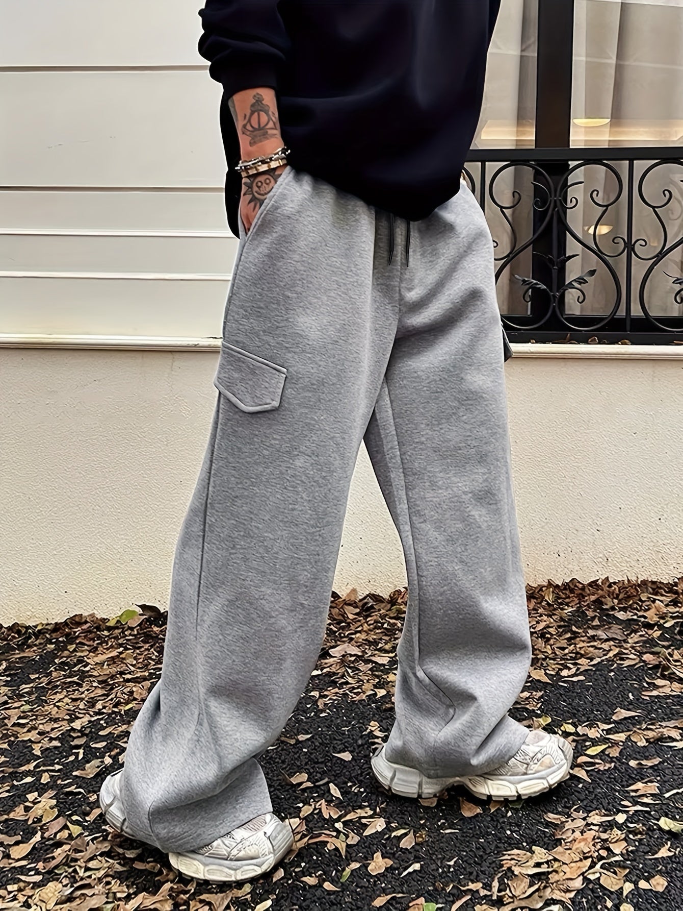 Men'S Casual Loose-Fit Sweatpants with Pocket Detail - 100% Polyester Knit Fabric with Slight Stretch, Solid Color Leisure Trousers