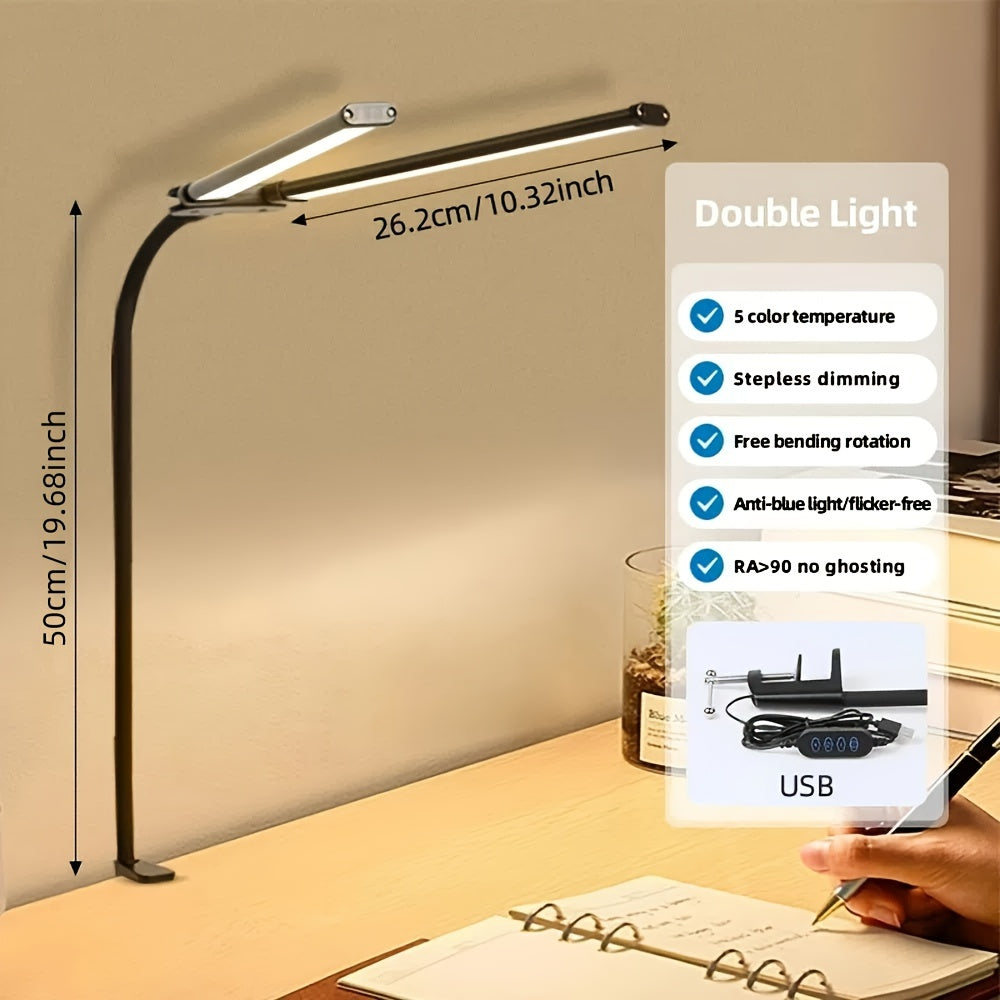 Double Head Clip-on LED Desk Lamp - 3 Modes, 10 Levels Of Brightness, Adjustable Angle, USB Adapter. Suitable For Reading, Studying, Piano, Monitors, Office.