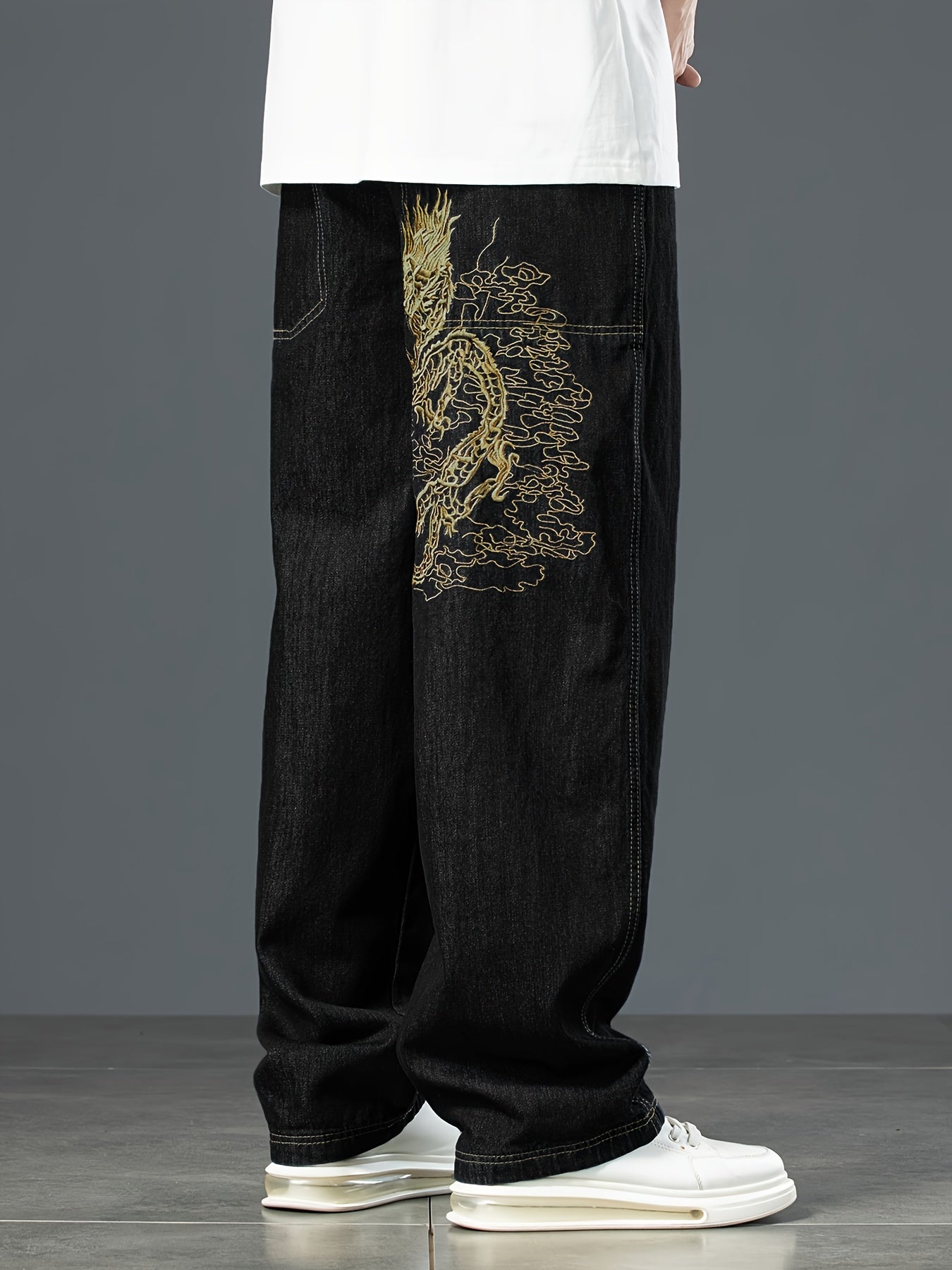 Dragon Pattern Embroidered Cotton Blend Wide Leg Jeans For Men, Chic Street Style Loose Fit Bottoms For Men, All Seasons, Fluid Pants