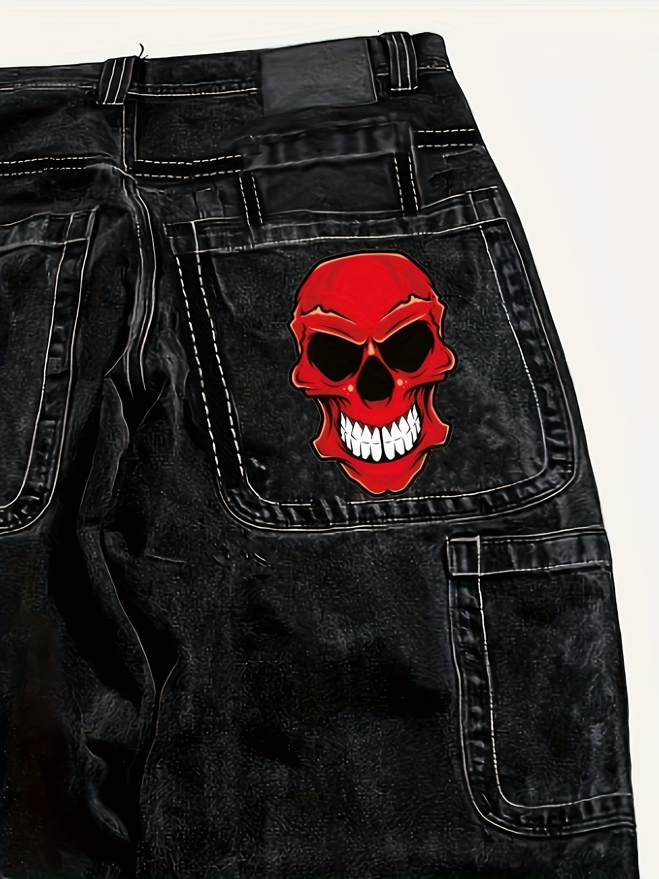1pc Y2K Street Style Skull Print Denim Pants, Cotton Blend, Non-Stretch Fabric, Loose Fit, Halloween Pattern, All-Season, Regular Length, Woven, Washed Finish - 30% Cotton, 43% Polyester, 27% Rayon