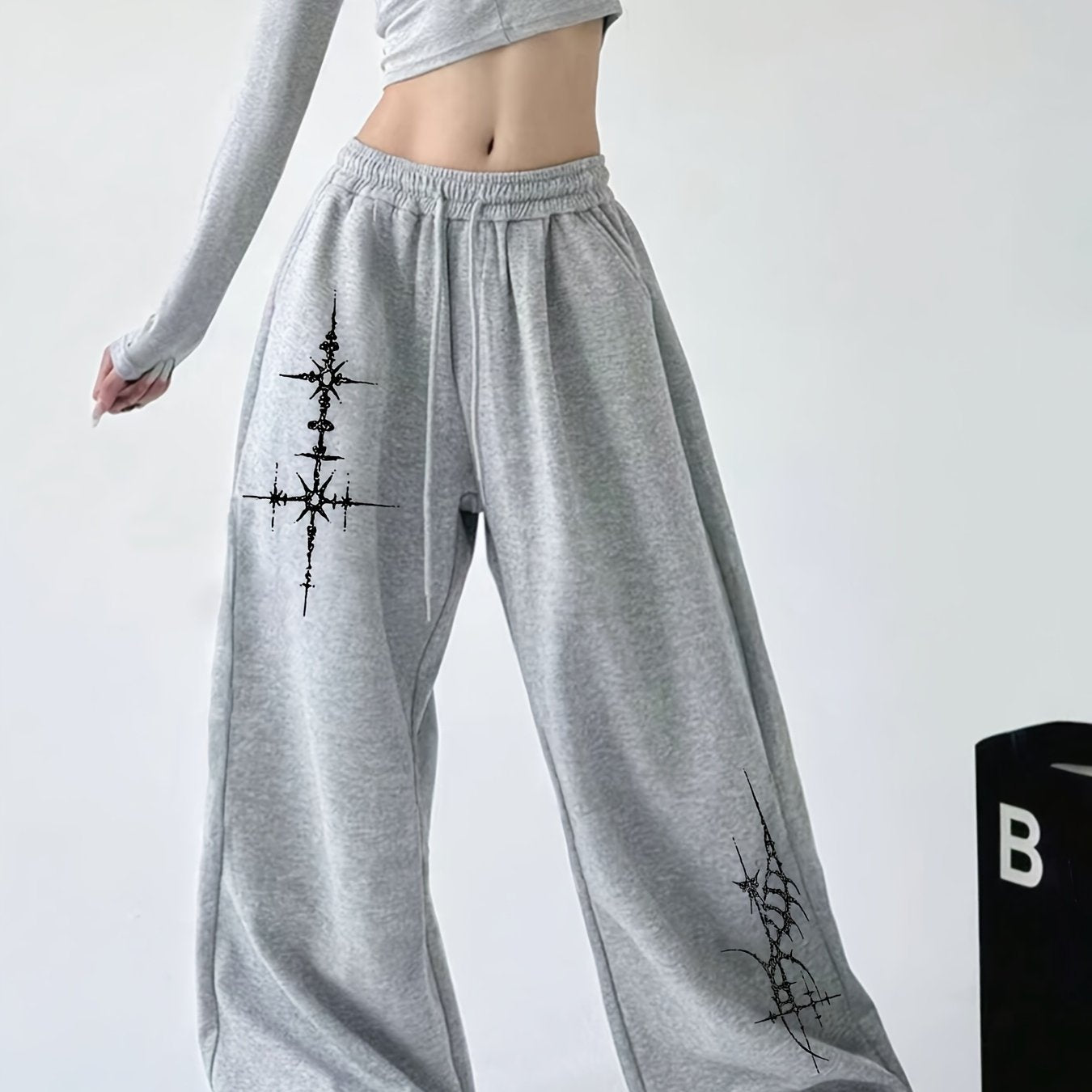 Women's Casual Cross-Print Drawstring Sweatpants - Relaxed Fit, Light Gray Polyester Straight-Leg Pants with Elastic Waist, Machine Washable for Spring/Fall