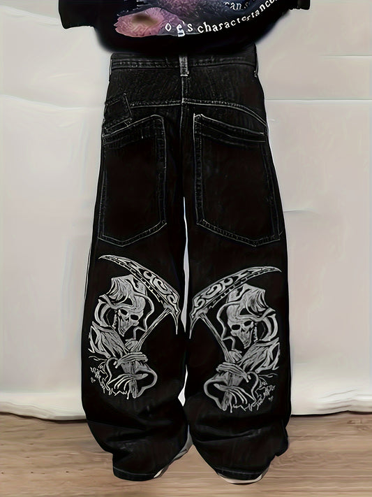 Y2K Gothic Skull & Sickle Print Denim Jeans for Men - Rayon Blend, Street Style, Machine Washable