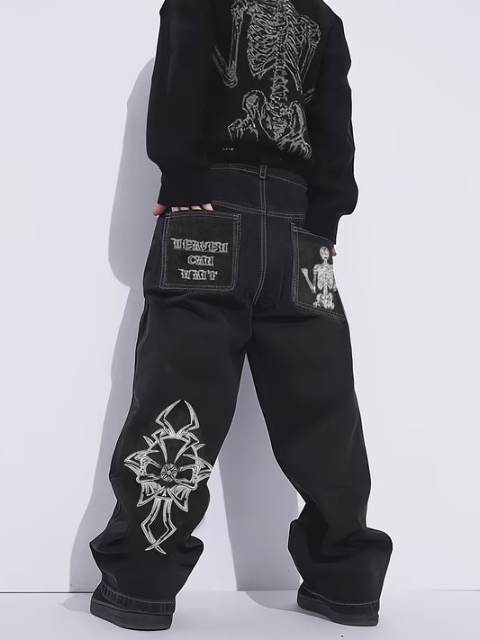 Halloween Y2k Skeleton Embroidery Jeans, Men's Casual Street Style Denim Pants