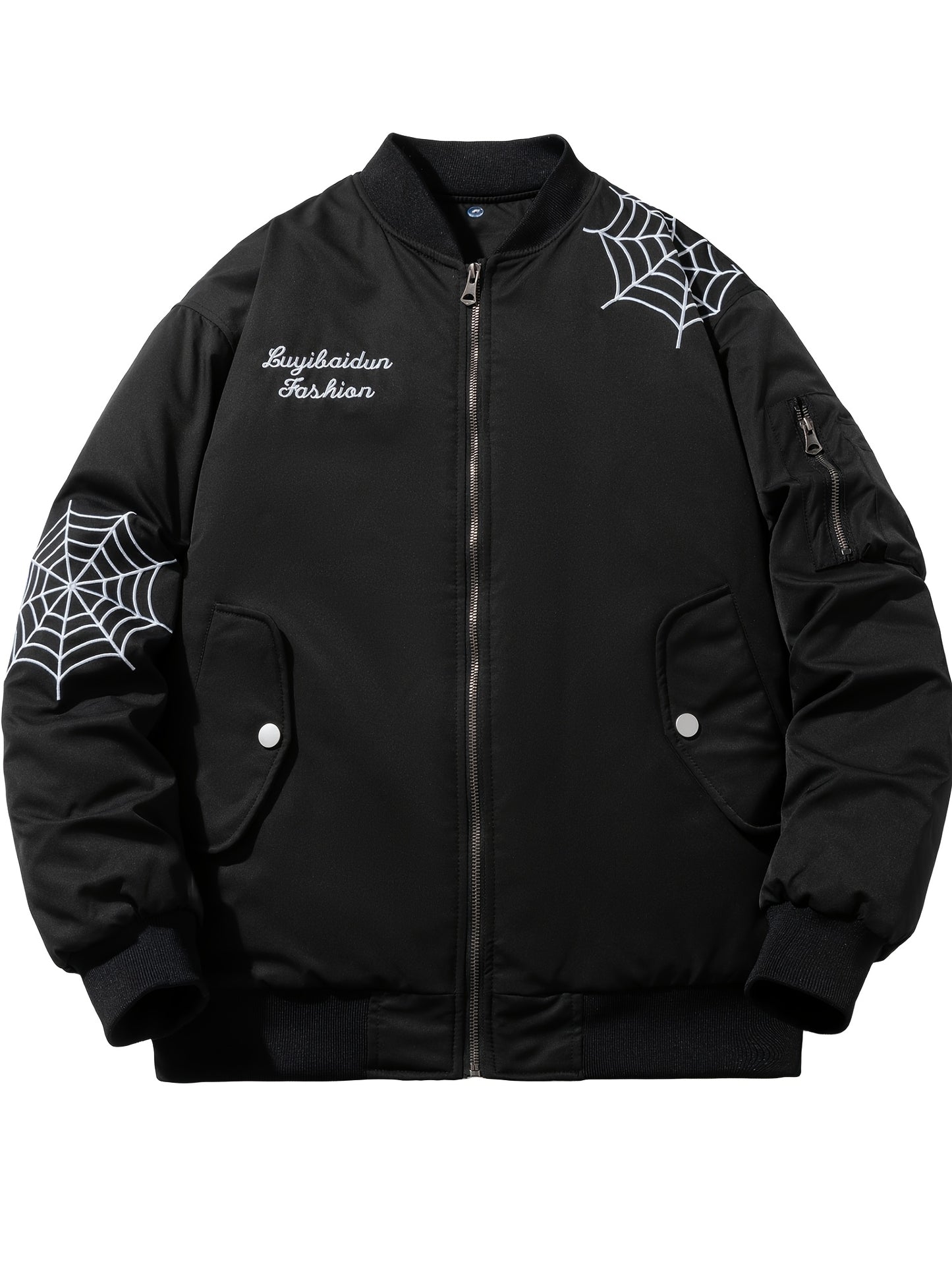 Men's Casual Fall/Winter Insulated Bomber Jacket with Removable Hood - 100% Polyester Embroidered Spider Design, Non-Stretch Fabric, Regular Fit Woven Outerwear with Polyester Lining