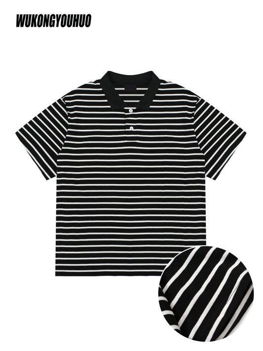 WUKONGYOUHUO Men'S Cotton Striped Short Sleeve Polo Shirt, Casual Loose Fit Summer Tee with Slight Stretch and Knit Fabric