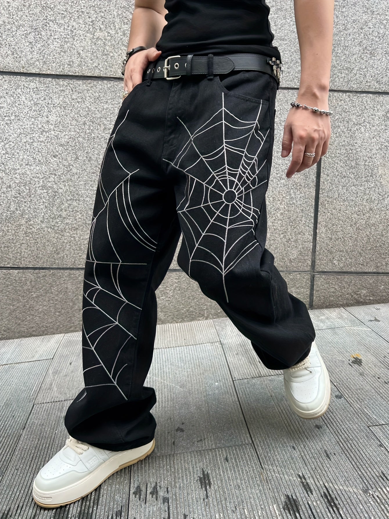 Unisex Street Style Embroidered Spider Web Denim Jeans, Loose Fit, Non-Stretch Cotton Blend Pants, Regular Length, Woven, for Adults, All-Season