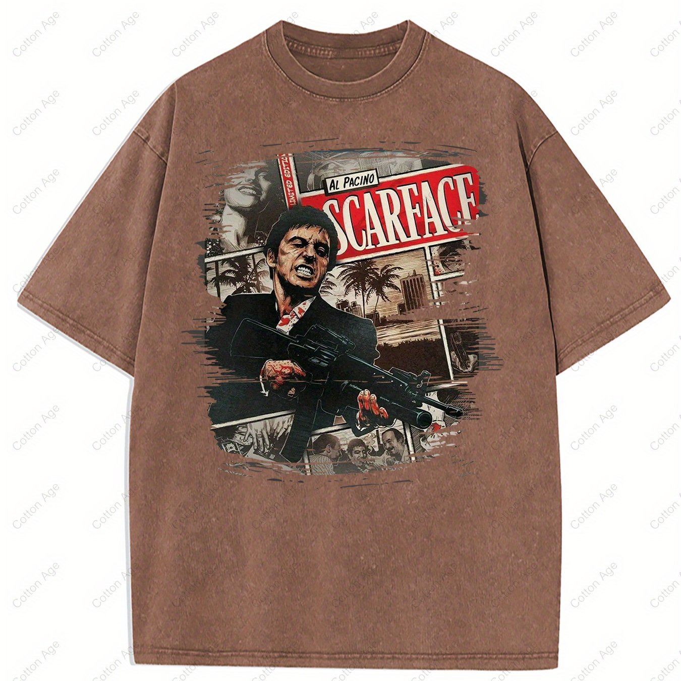 Scarface Al Pacino Movie Poster Iconic Character Action Scene Retro style, classic men's round neck T-shirt, pure cotton skin friendly