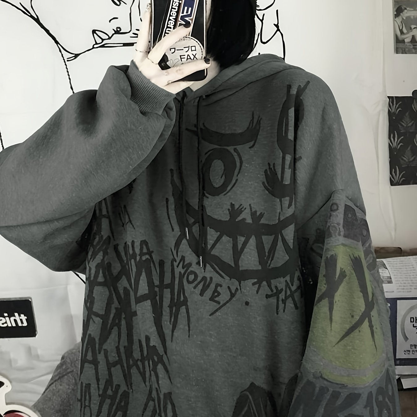 Y2K-Inspired Retro Graffiti Hoodie for Women - Cozy Polyester, Long Sleeve with Drawstring & Kangaroo Pocket, Perfect for Fall/Winter