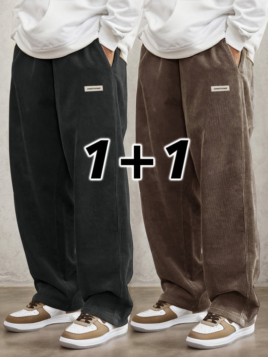 Men's Casual Woven Corduroy Overalls Set - 100% Polyester Non-Stretch Solid Color Regular Length All-Season Pants with Pockets, Elastic Waist & Loose Fit for Streetwear, Weekend & Outdoor Activities