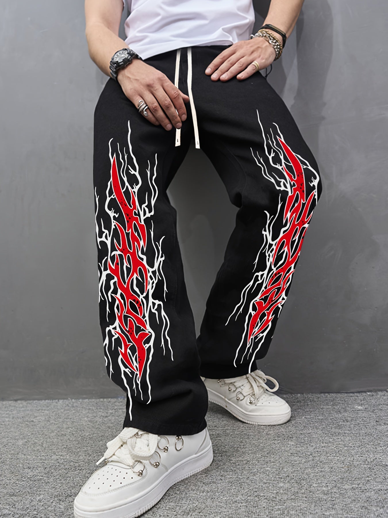 Men's Casual Loose-Fit Joggers with Geometric Print - Drawstring, Stretch Fabric, Machine Washable