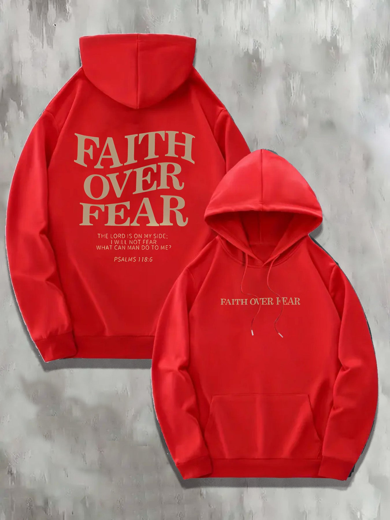 1pc KOURRTER Men'S Casual Polyester Hoodie with "Faith Over Fear" Print, Geometric Pattern, Slight Stretch Knit Fabric, Regular Fit, Hooded Collar, with Pocket - Fall/Winter Collection