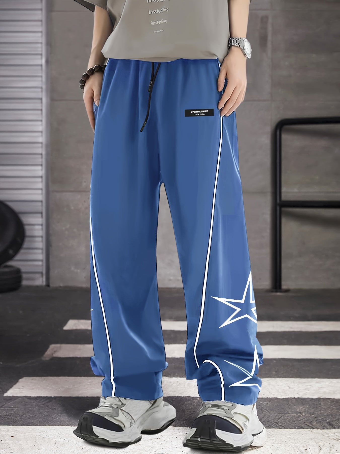 Men's Loose Star Embroidery Graphic Print Striped Track Pants With Pockets, Casual Drawstring Pants For Outdoor Activities Gift