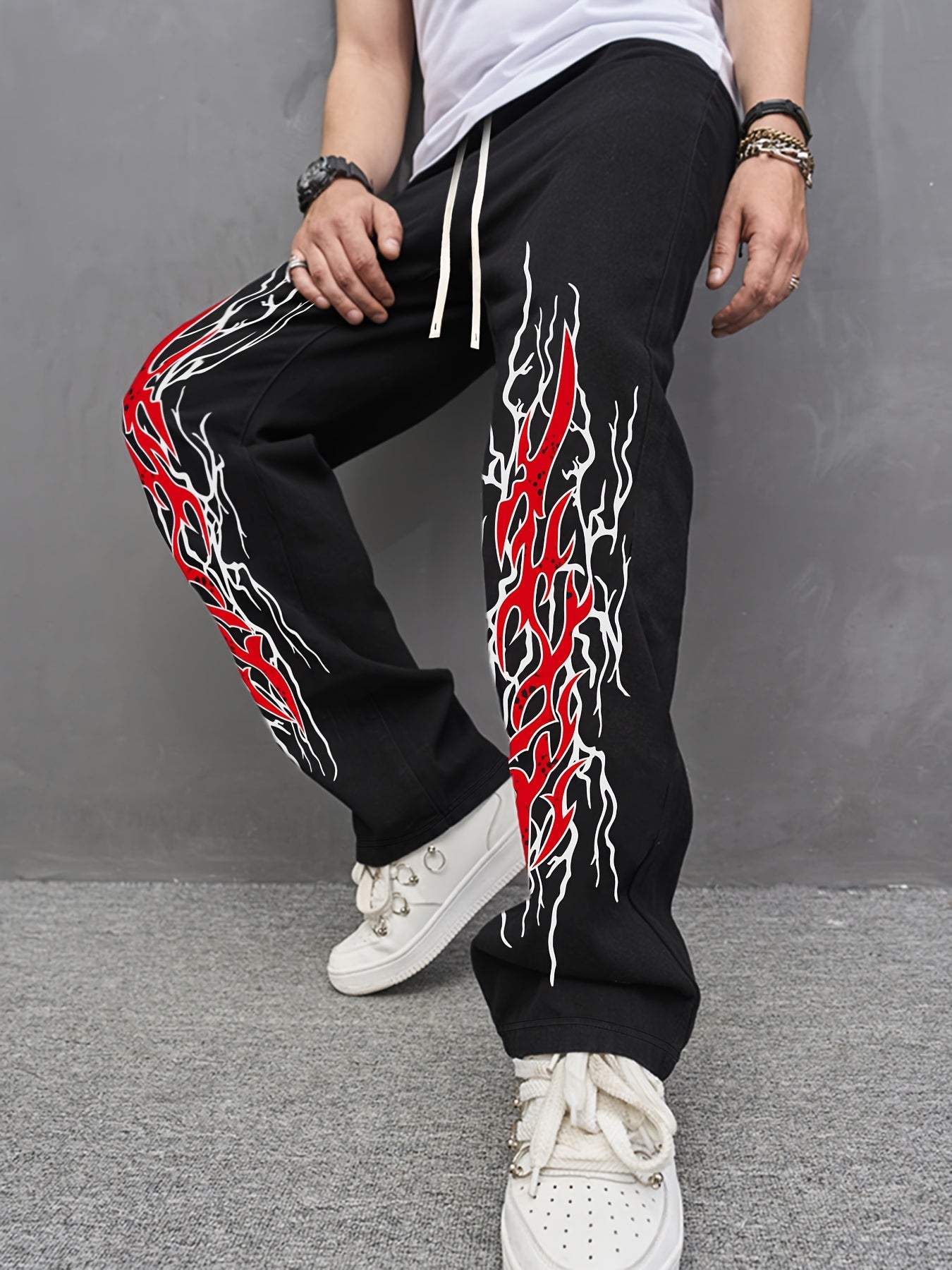 Men's Casual Loose-Fit Joggers with Geometric Print - Drawstring, Stretch Fabric, Machine Washable