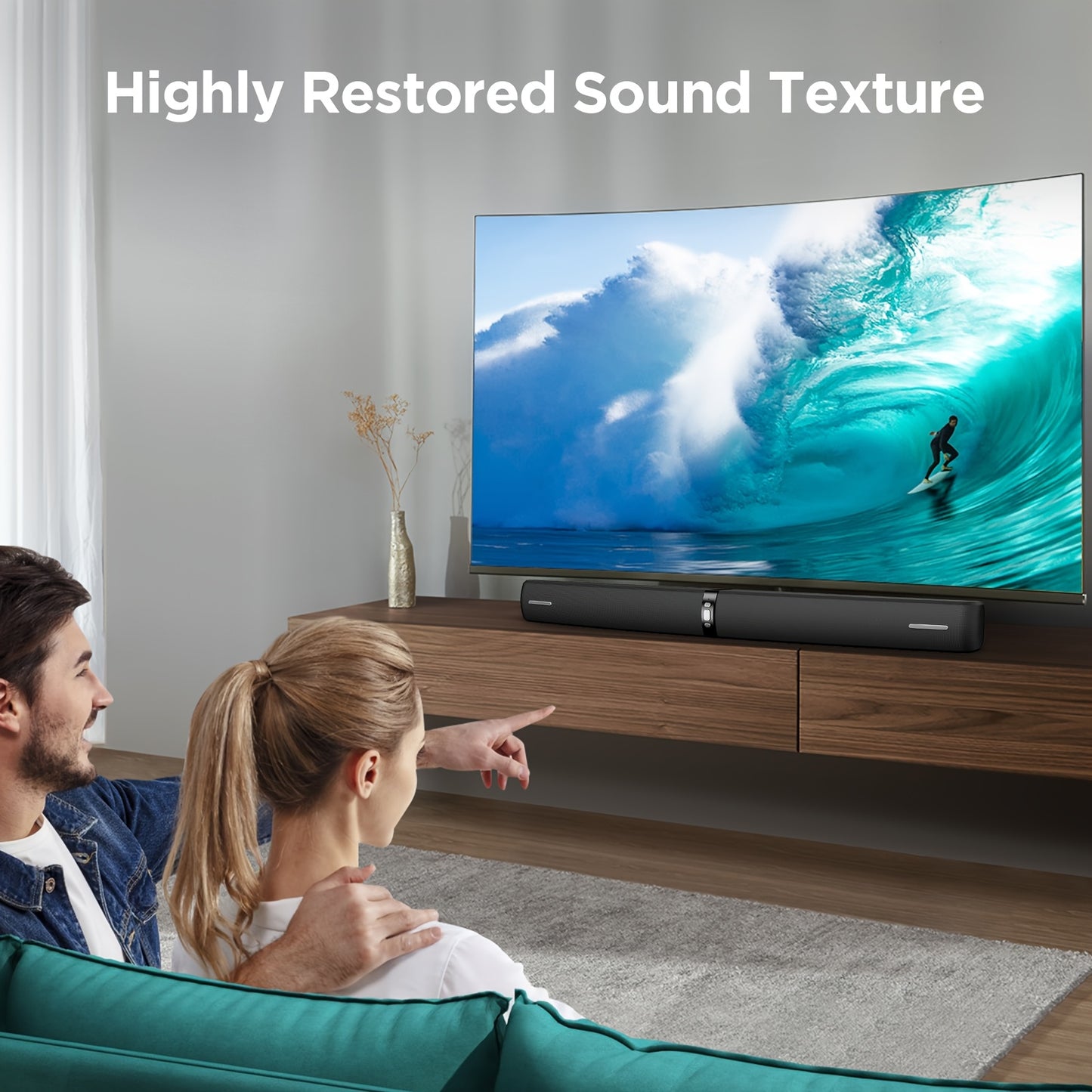 Sound Bar for Smart TV, 60W Soundbar with Wired & Wireless Connect, Auto Volume Boost, ARC/Optical/AUX Cables & Remote, 2in 1 Separable Soundbar