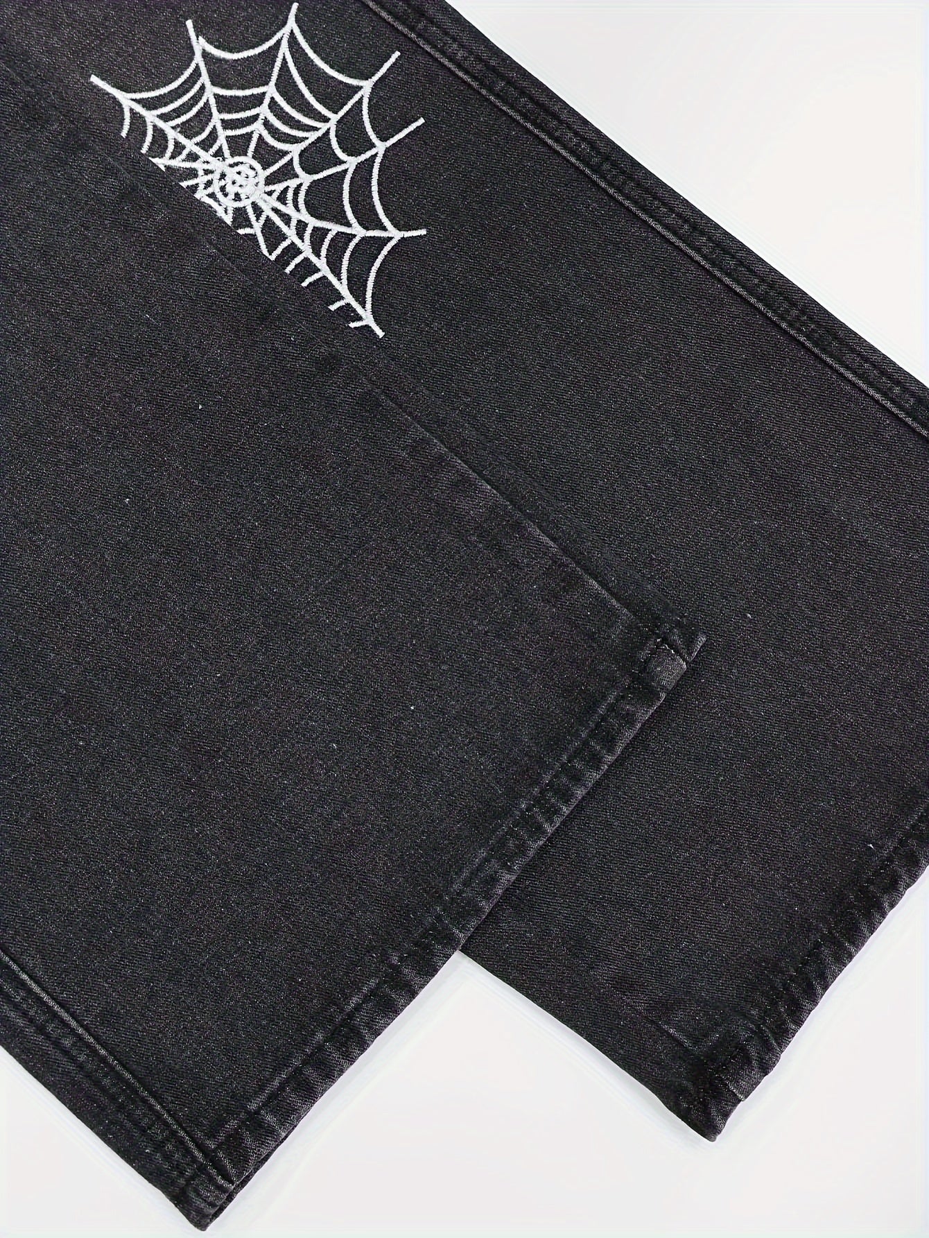 Men's Casual Spider Web Embroidery Jeans, Chic Street Style Loose Fit Denim Pants