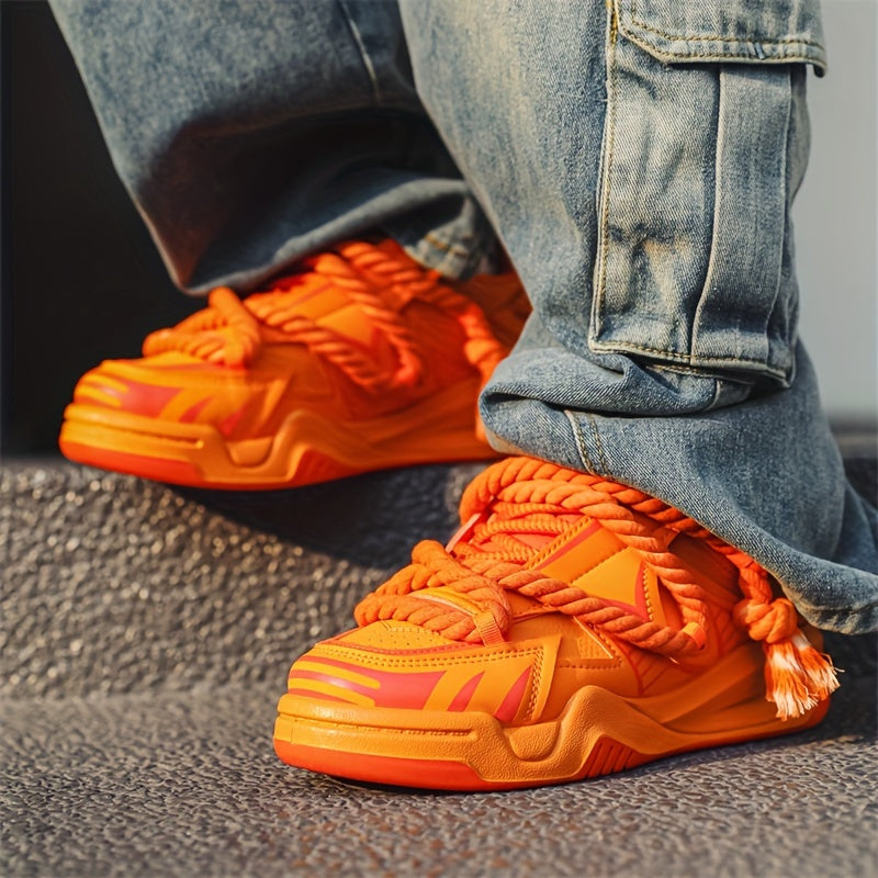 Men's Vibrant Orange Low-Top Lace-Up Sneakers - Durable, Non-Slip Rubber Sole Skate Shoes with Stylish Braided Detail, Perfect for All Seasons Casual & Streetwear