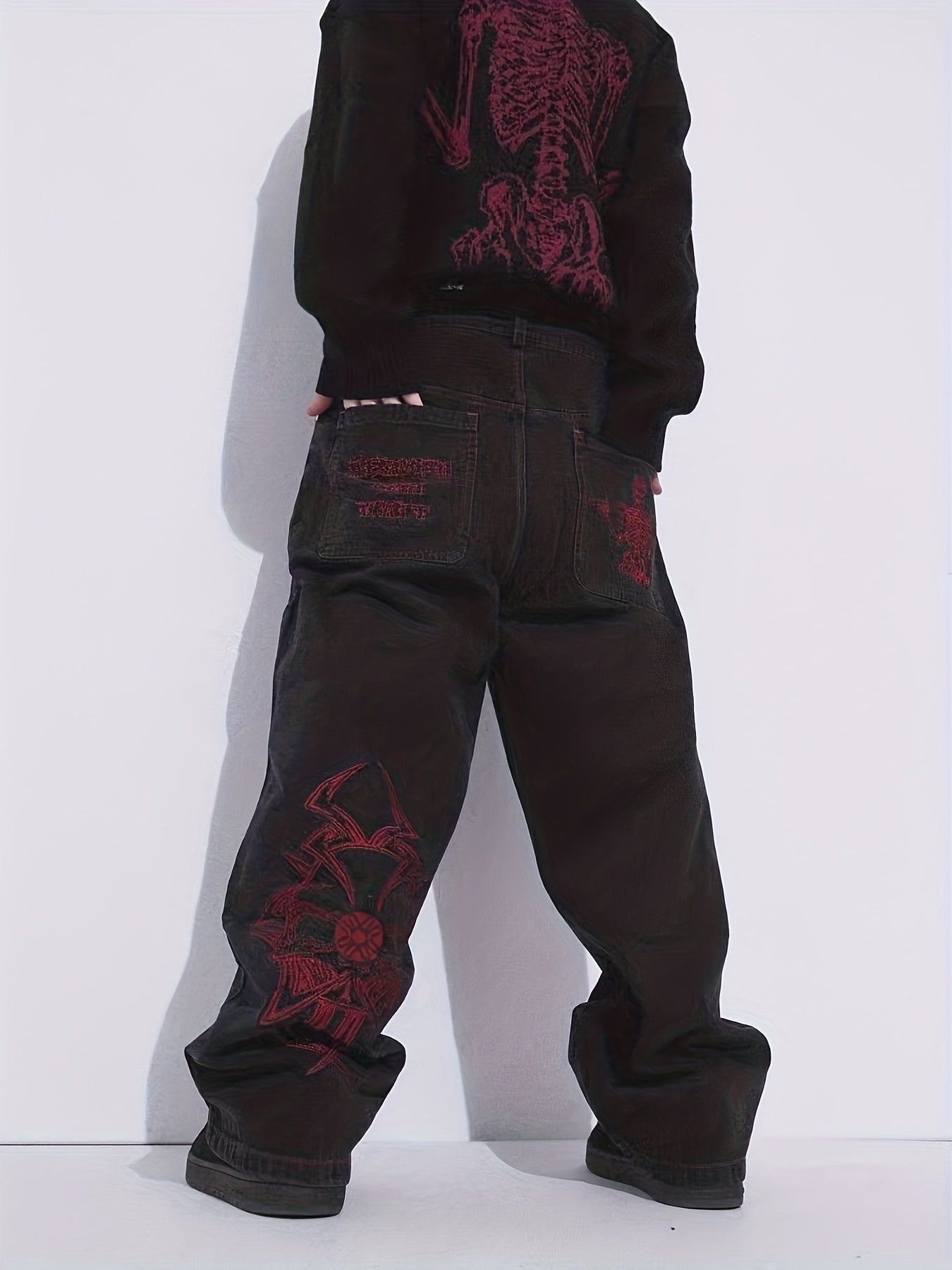 Halloween Y2k Skeleton Embroidery Jeans, Men's Casual Street Style Denim Pants