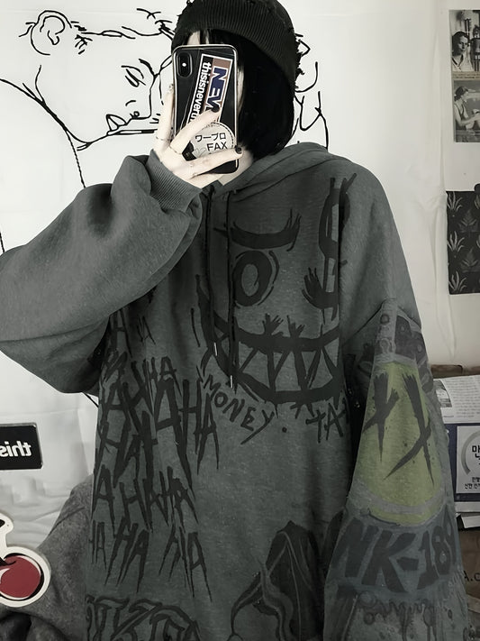 Y2K-Inspired Retro Graffiti Hoodie for Women - Cozy Polyester, Long Sleeve with Drawstring & Kangaroo Pocket, Perfect for Fall/Winter