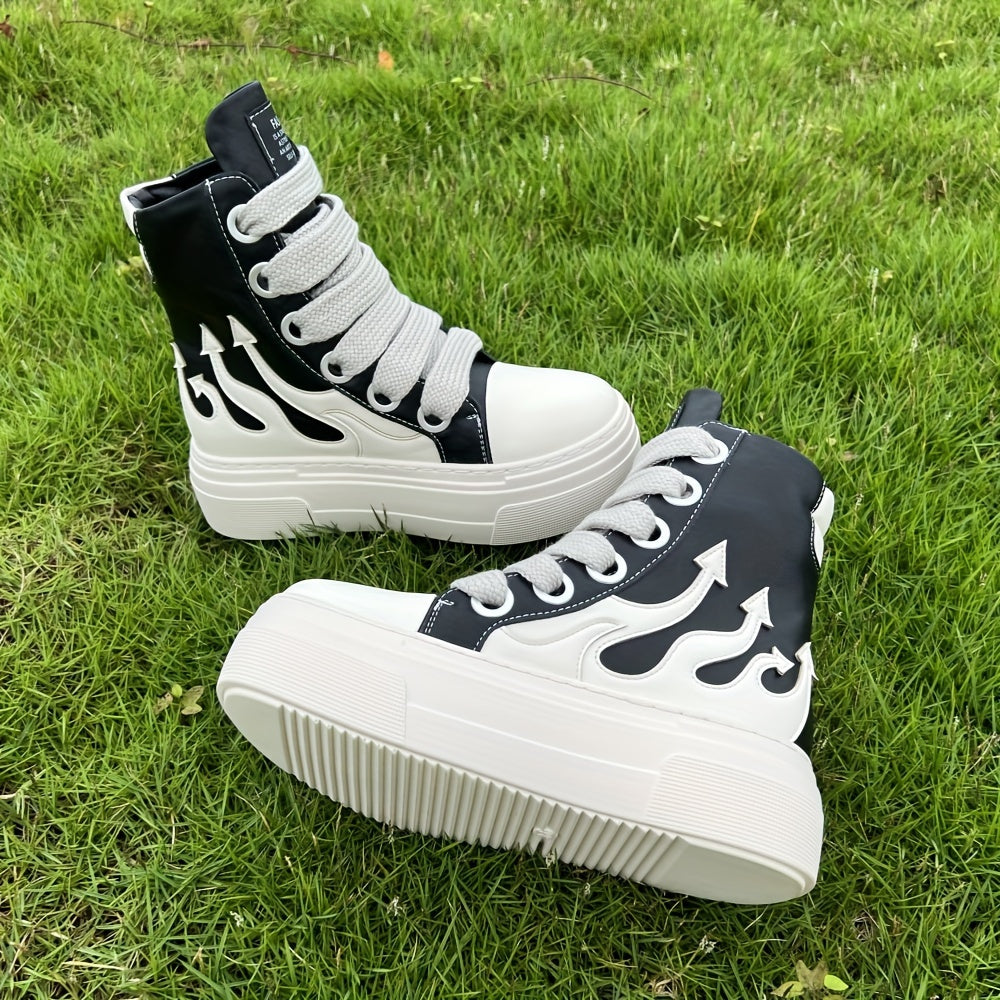 Vintage Style High-Top Fashion Sneakers, Water-Resistant Platform, Flame Embroidery, Lace-Up Closure, Round Toe, PU & Microfiber Upper, Rubber Sole, Lightweight, with Hand Wash/Dry Clean for Unisex Casual Shoes