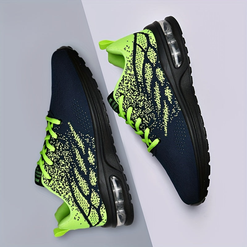 Men's Trendy Woven Knit Breathable Running Shoes With Air Cushion, Comfy Non Slip Durable Lace Up Sneakers For Men's Outdoor Activities