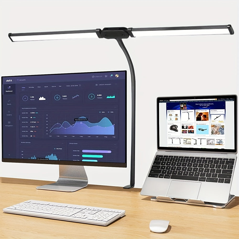 Double Head Clip-on LED Desk Lamp - 3 Modes, 10 Levels Of Brightness, Adjustable Angle, USB Adapter. Suitable For Reading, Studying, Piano, Monitors, Office.