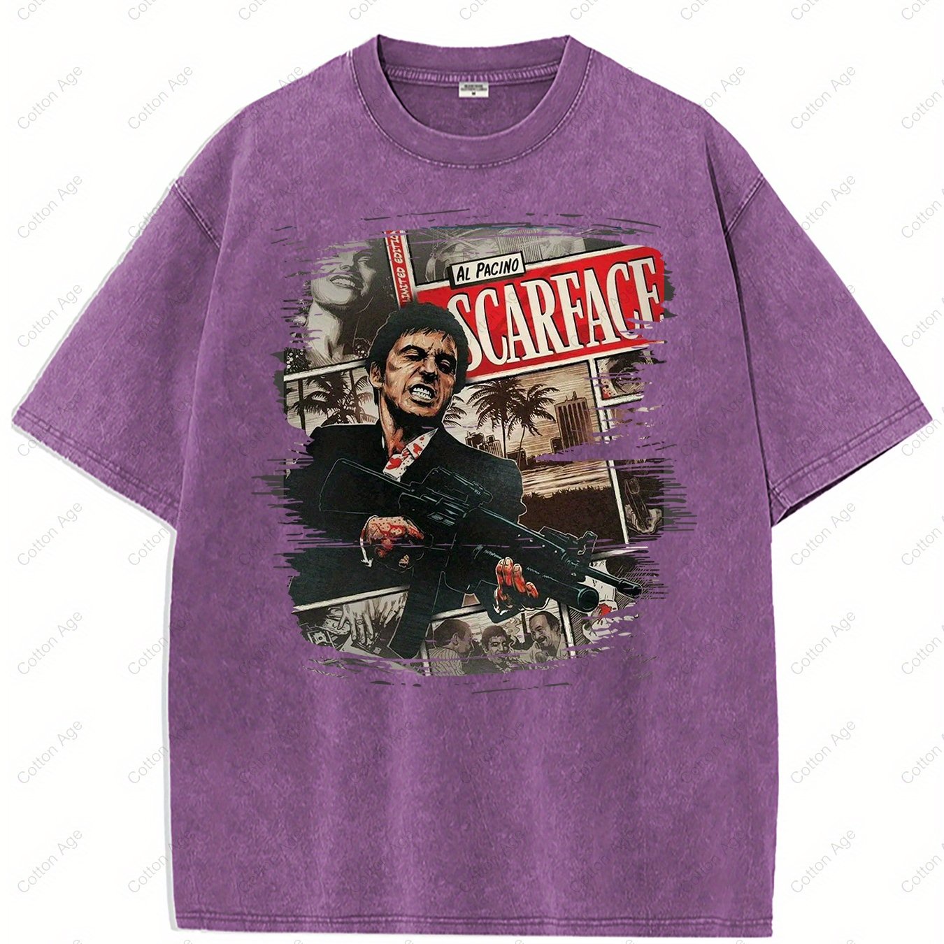 Scarface Al Pacino Movie Poster Iconic Character Action Scene Retro style, classic men's round neck T-shirt, pure cotton skin friendly